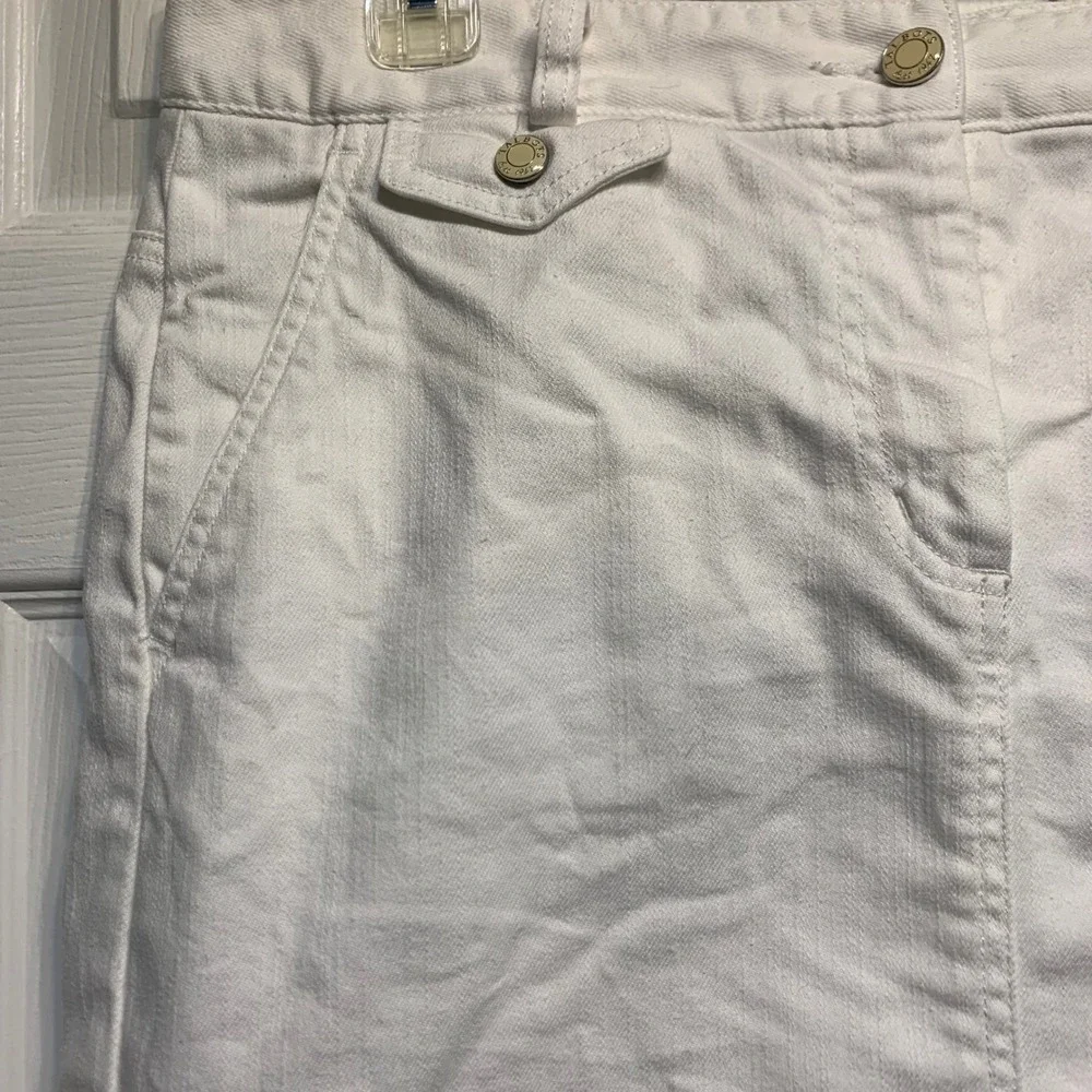 Talbots Denim Pencil Skirt 10 White Cotton Midi Preppy Coastal Classic Crisp